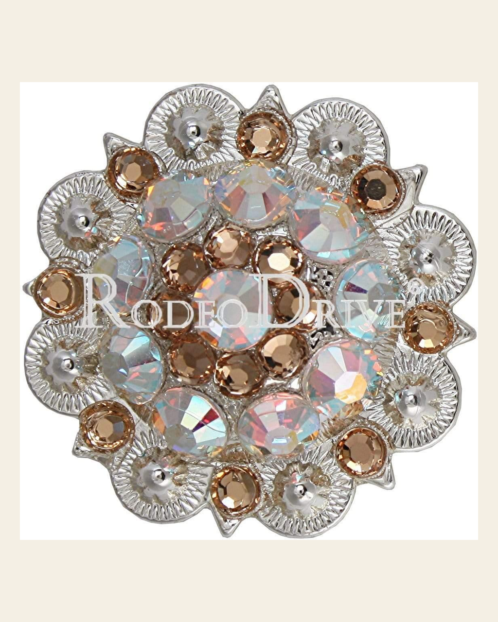 Champagne & AB Bright Silver 1.5" European Crystal Concho on a warm cream background