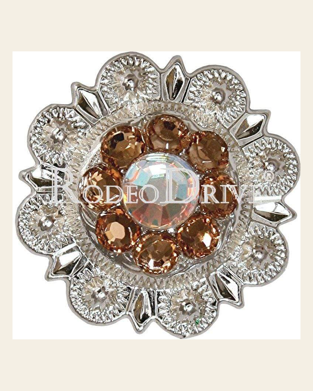 Champagne & AB Bright Silver 1" European Crystal Concho on a warm cream background