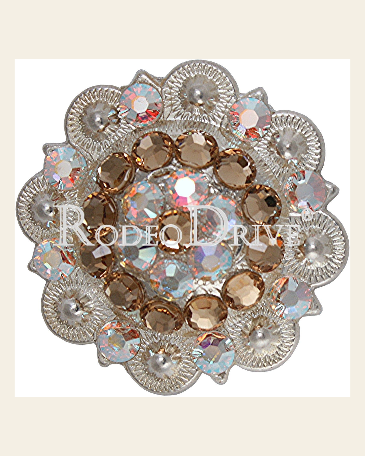 Champagne & AB Bright Silver 2" European Crystal Concho on a warm cream background