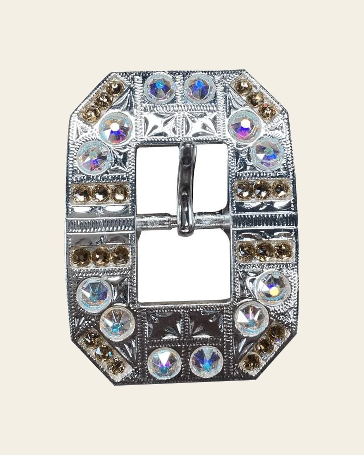 Champagne & AB Bright Silver European Crystal Square Cart Buckle on a warm cream background