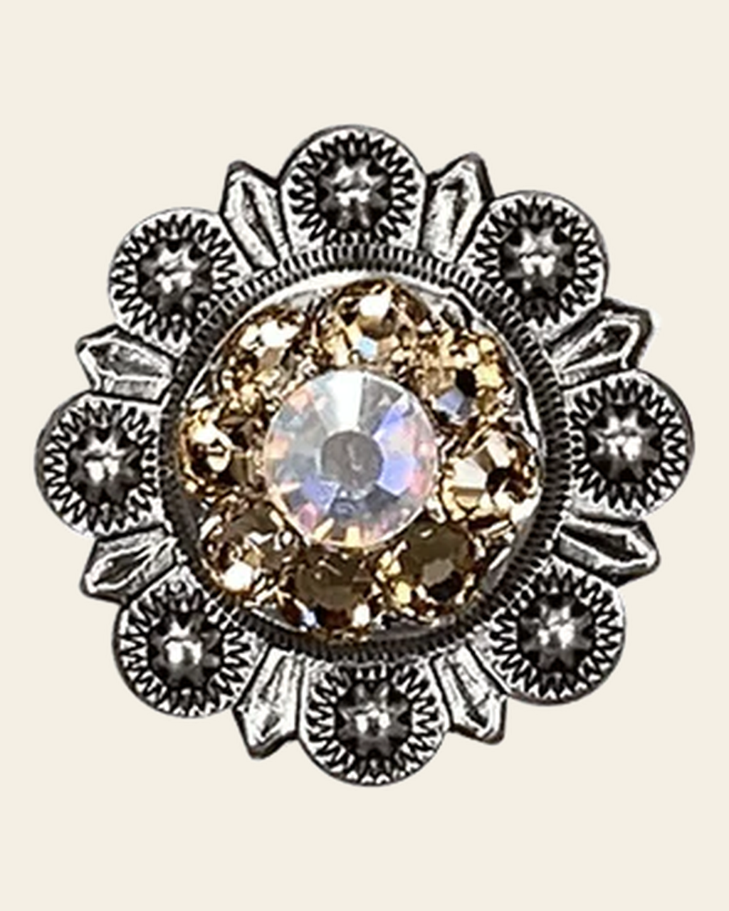 Champagne & AB Antique Silver 1" European Crystal Concho on a warm cream background