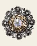 Champagne & AB Antique Silver 1" European Crystal Concho on a warm cream background