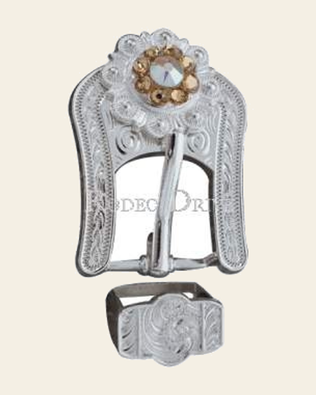 Champagne & AB Silver European Crystal Buckle Keeper Set on a warm cream background