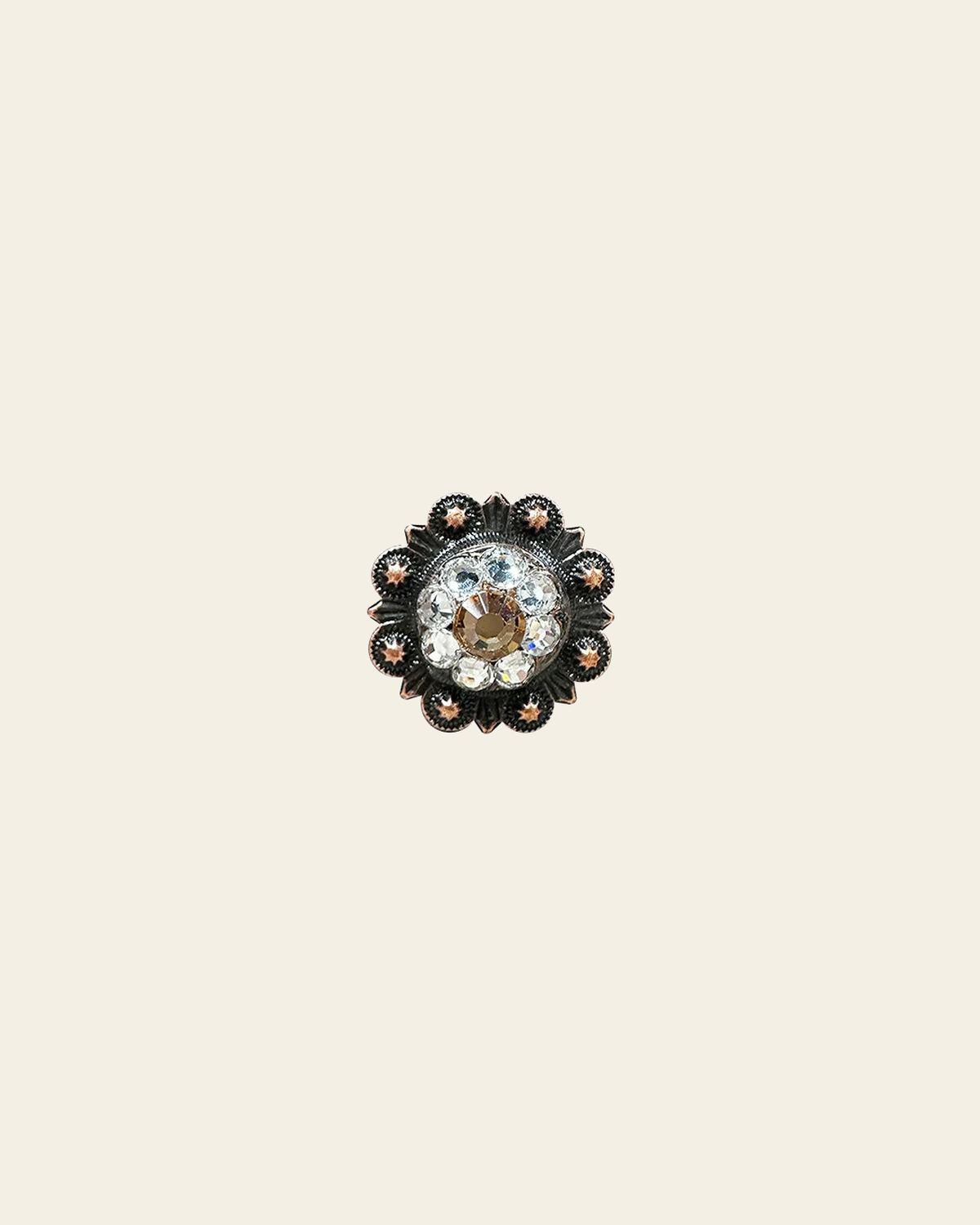 Champagne & Clear Copper 1" European Crystal Concho on a warm cream background