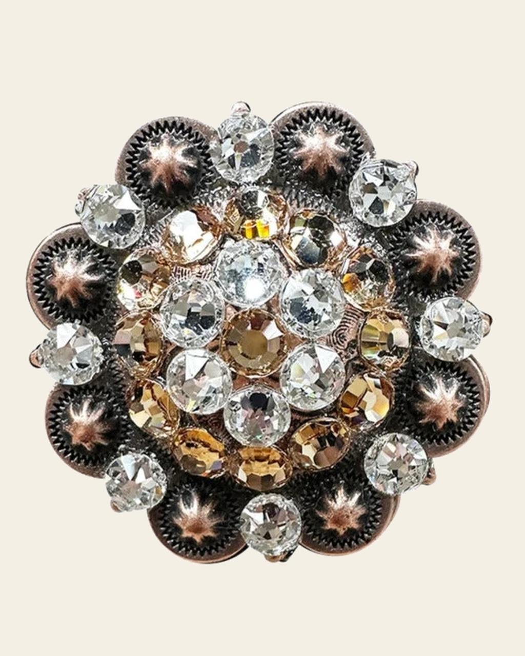 Champagne & Clear Copper 2" European Crystal Concho on a warm cream background