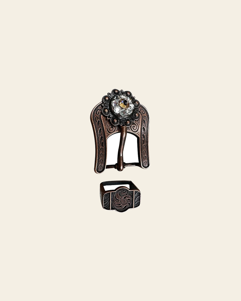 Champagne & Clear Copper European Crystal Buckle Keeper Set on a warm cream background