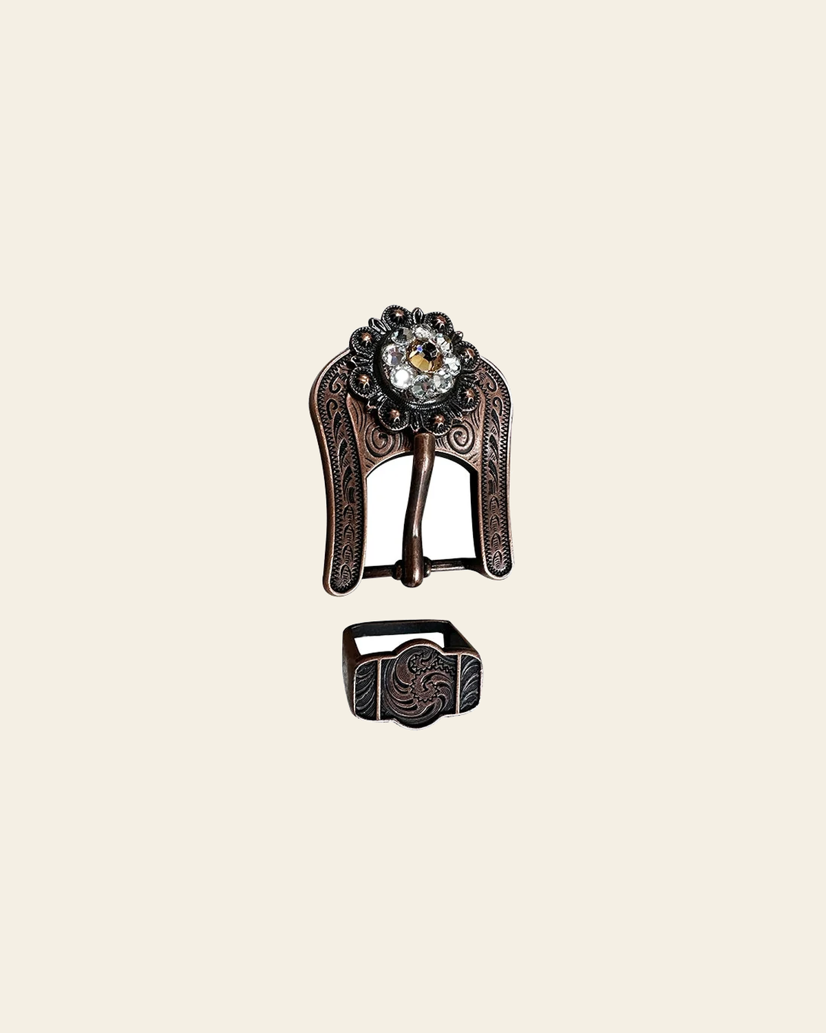 Champagne & Clear Copper European Crystal Buckle Keeper Set on a warm cream background