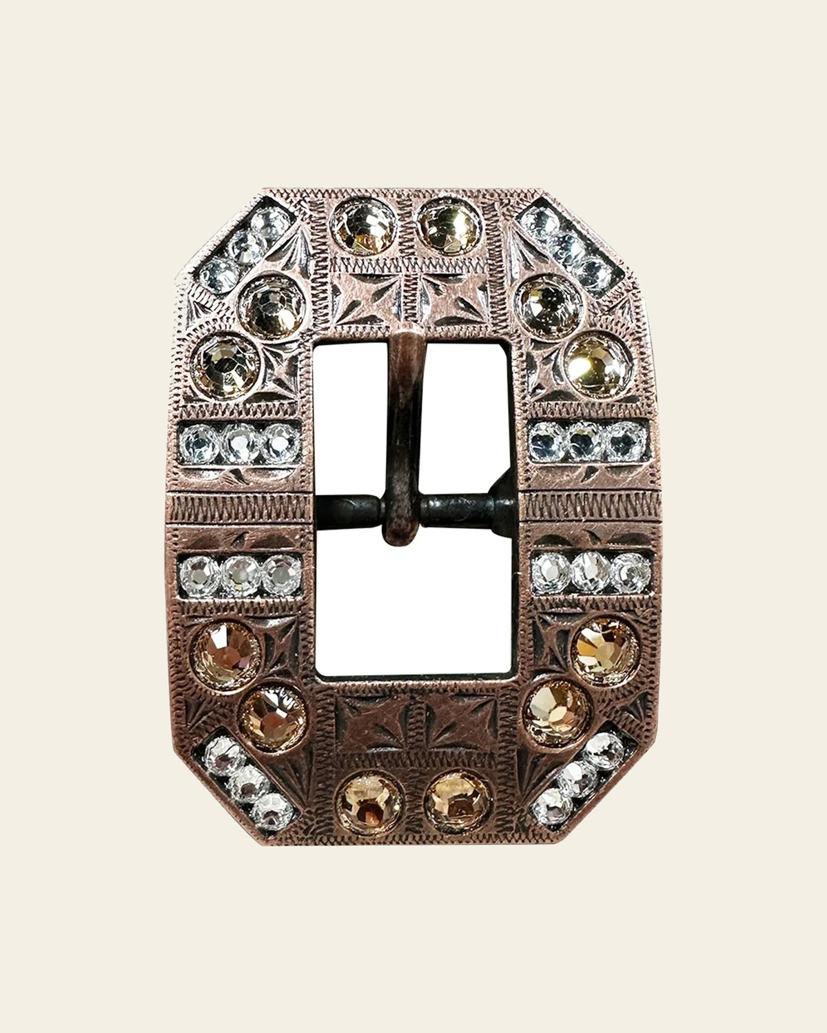 Champagne & Clear Copper European Crystal Square Cart Buckle on a warm cream background