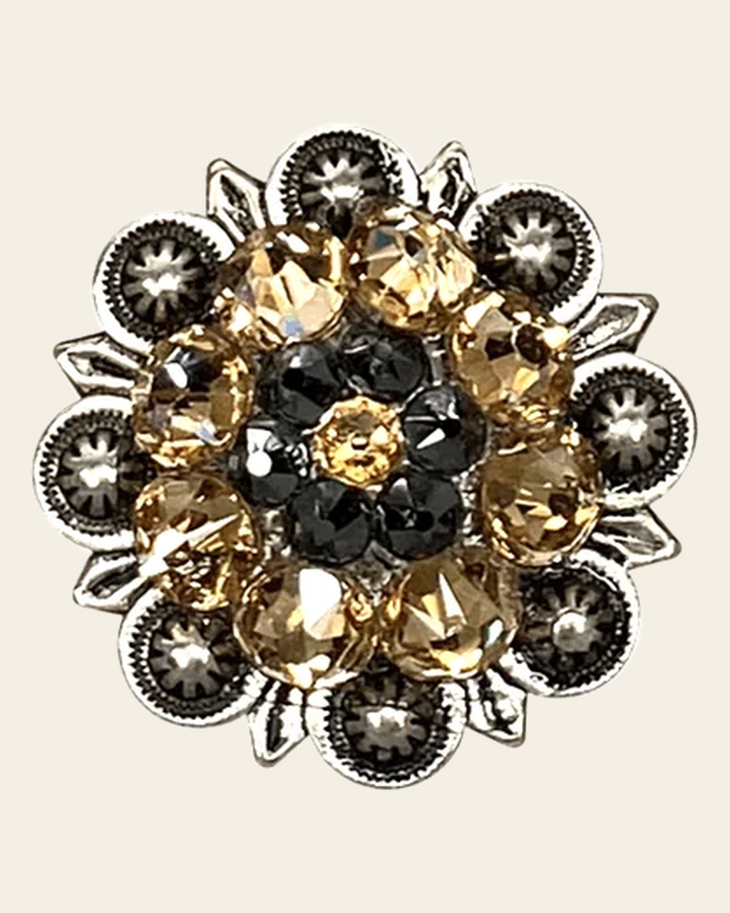 Champagne & Jet Antique Silver 1.25" European Crystal Concho on a warm cream background