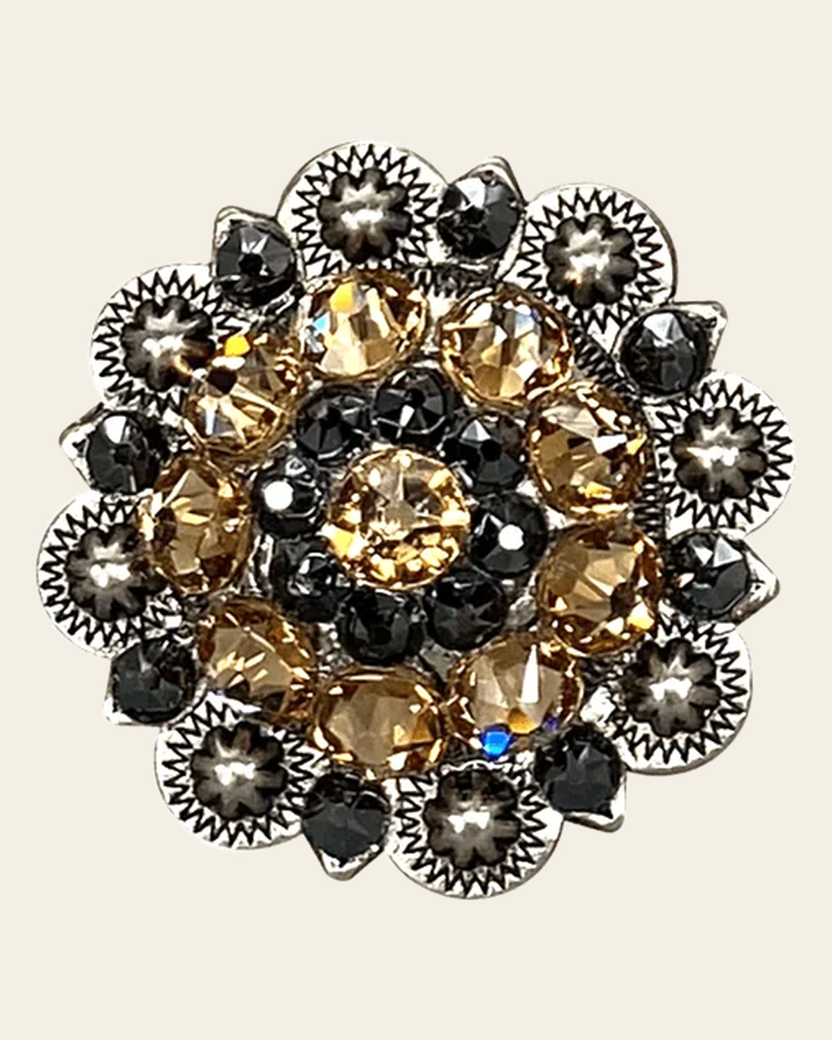 Champagne & Jet Antique Silver 1.5" European Crystal Concho on a warm cream background