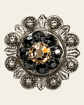 Champagne & Jet Antique Silver 1" European Crystal Concho on a warm cream background