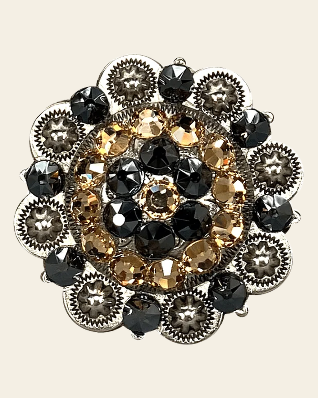 Champagne & Jet Antique Silver 2" European Crystal Concho on a warm cream background