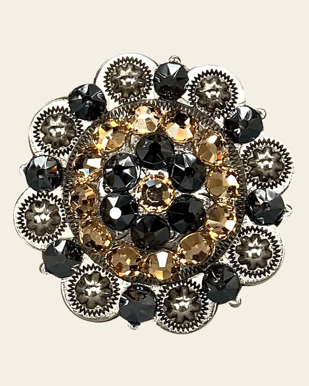 Champagne & Jet Antique Silver 2" European Crystal Concho on a warm cream background