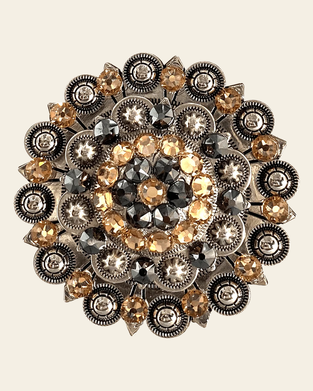 Champagne & Jet Antique Silver Berry Jacket European Crystal Concho on a warm cream background