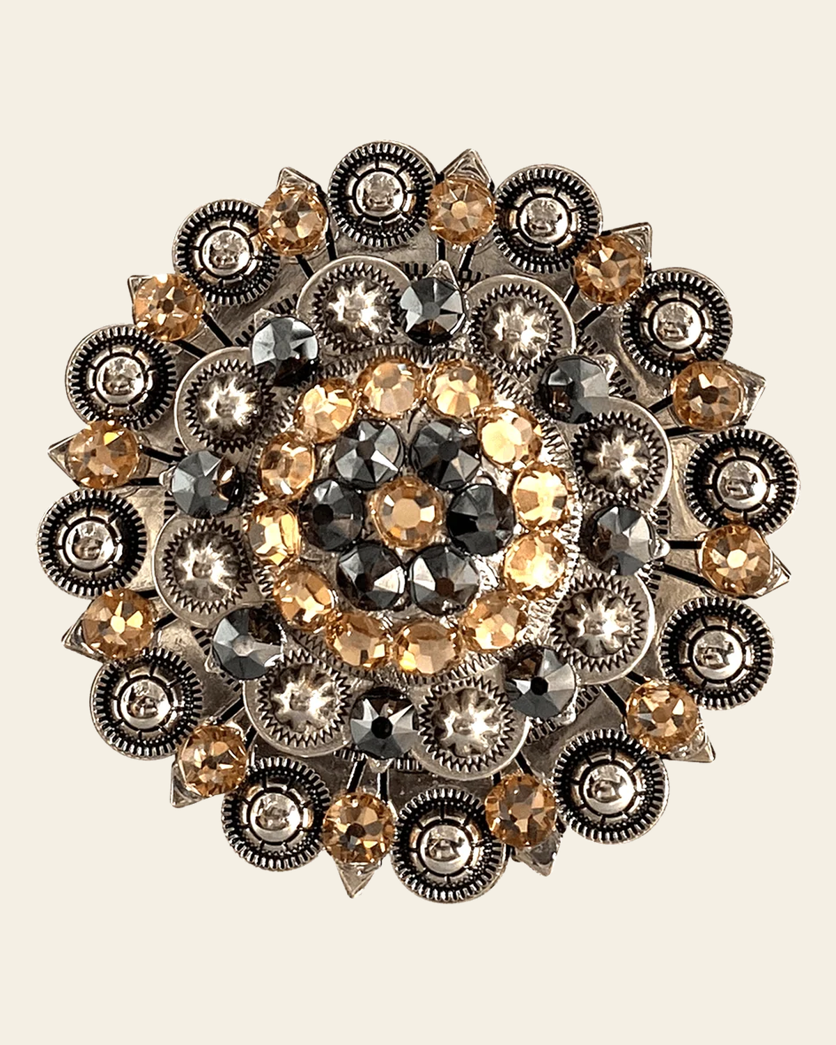 Champagne & Jet Antique Silver Berry Jacket European Crystal Concho on a warm cream background