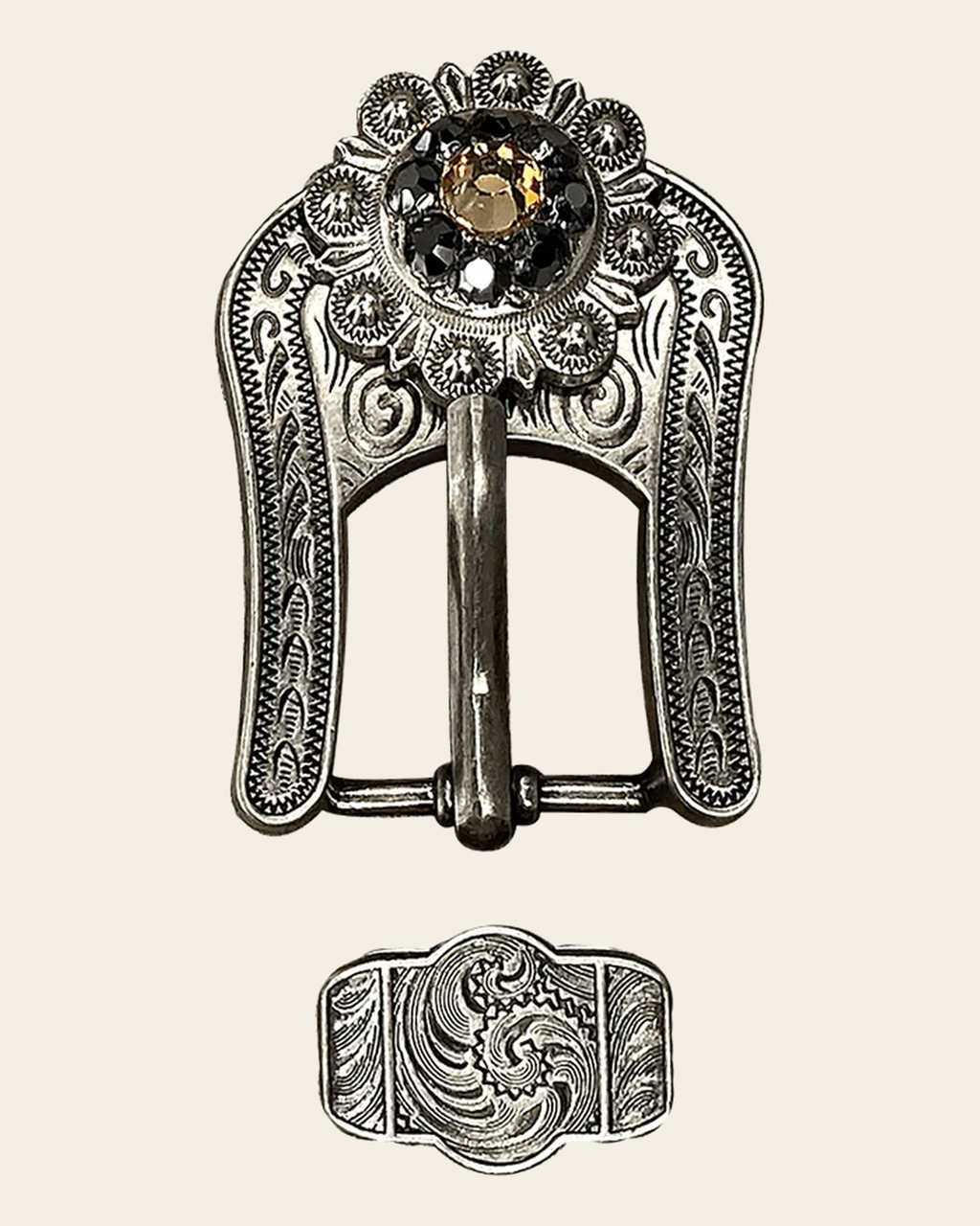 Champagne & Jet Antique Silver European Crystal Buckle Keeper Set on a warm cream background