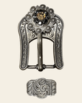 Champagne & Jet Antique Silver European Crystal Buckle Keeper Set on a warm cream background