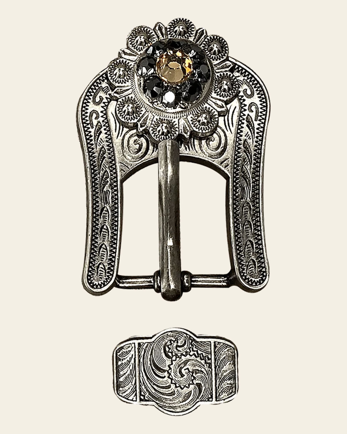 Champagne & Jet Antique Silver European Crystal Buckle Keeper Set on a warm cream background
