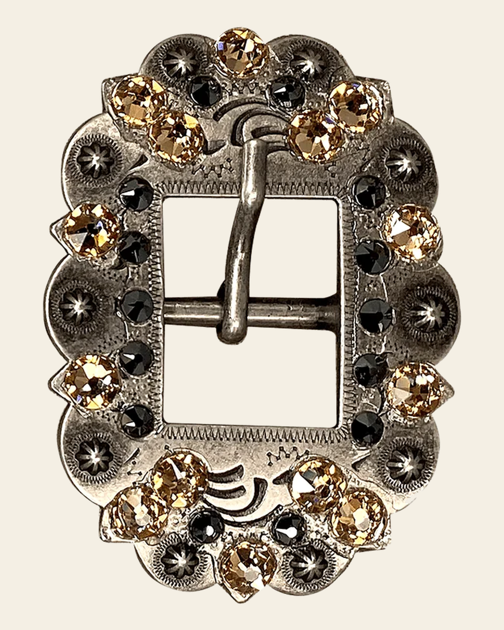 Champagne & Jet Antique Silver European Crystal Cart Buckle on a warm cream background