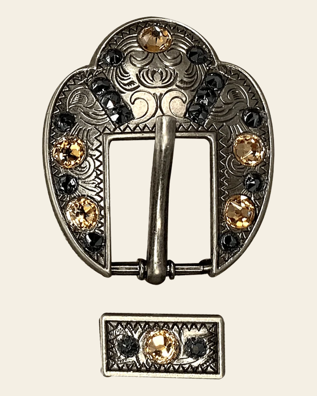 Champagne & Jet Antique Silver European Crystal Fancy Buckle on a warm cream background
