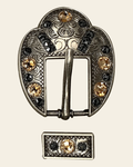 Champagne & Jet Antique Silver European Crystal Fancy Buckle on a warm cream background
