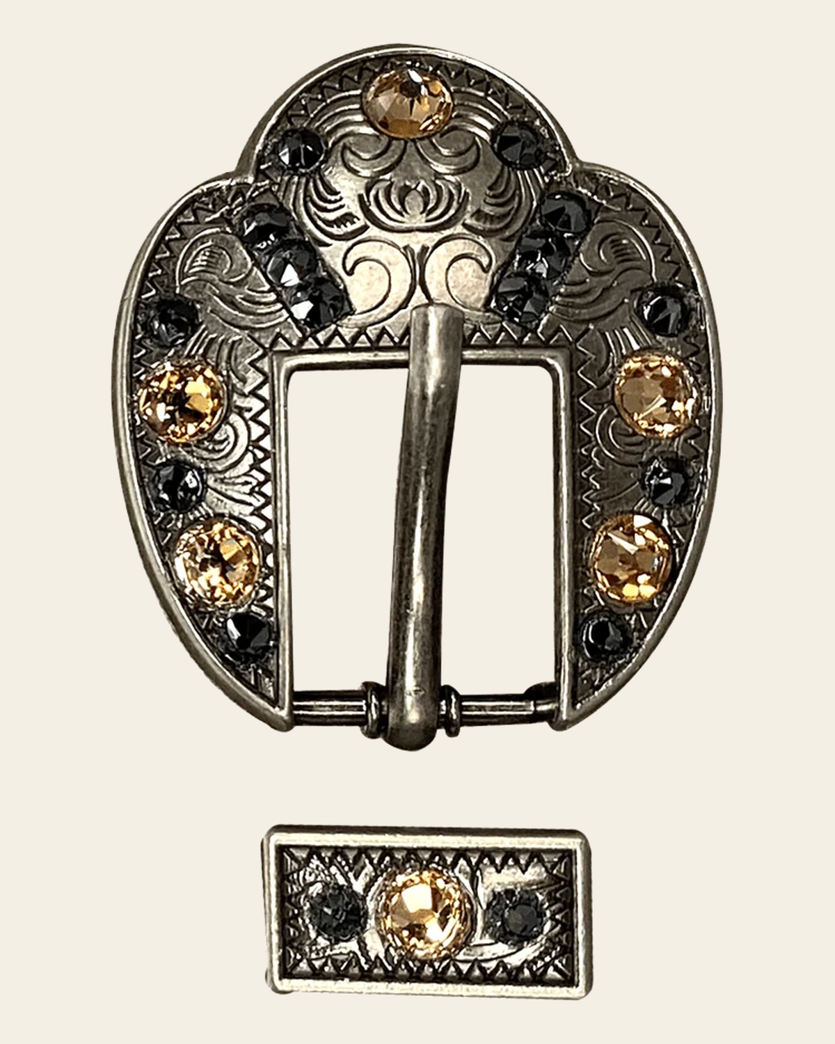 Champagne & Jet Antique Silver European Crystal Fancy Buckle on a warm cream background