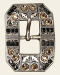 Champagne & Jet Antique Silver European Crystal Square Cart Buckle on a warm cream background