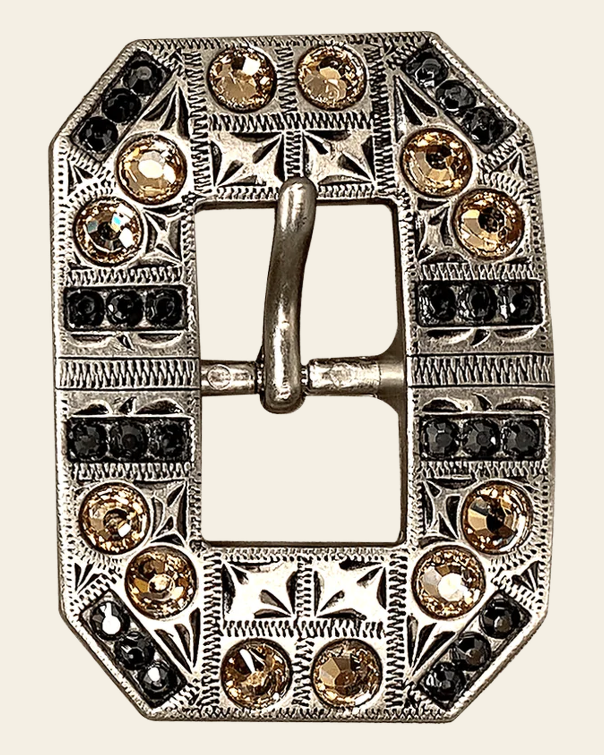 Champagne & Jet Antique Silver European Crystal Square Cart Buckle on a warm cream background