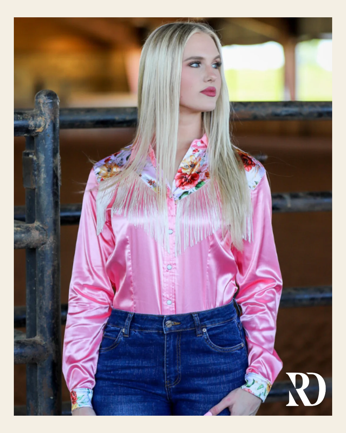 Charlotte Fringe Satin Performance Rodeo Shirt on a warm cream background