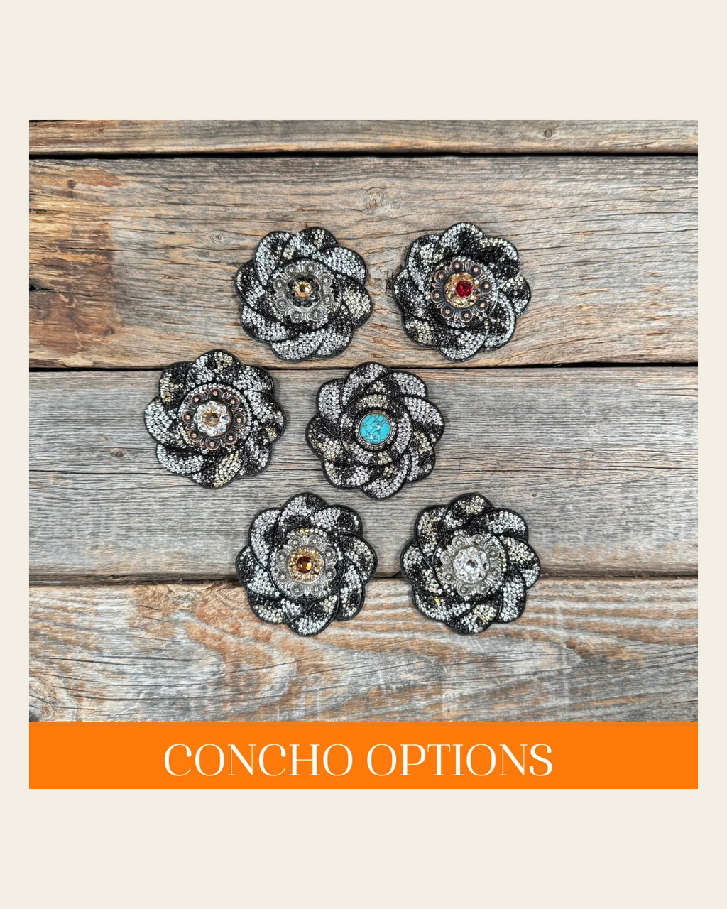 Cheetah Flower Rhinestone Rosette - Assorted Conchos on a warm cream background
