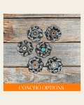 Cheetah Flower Rhinestone Rosette - Assorted Conchos on a warm cream background