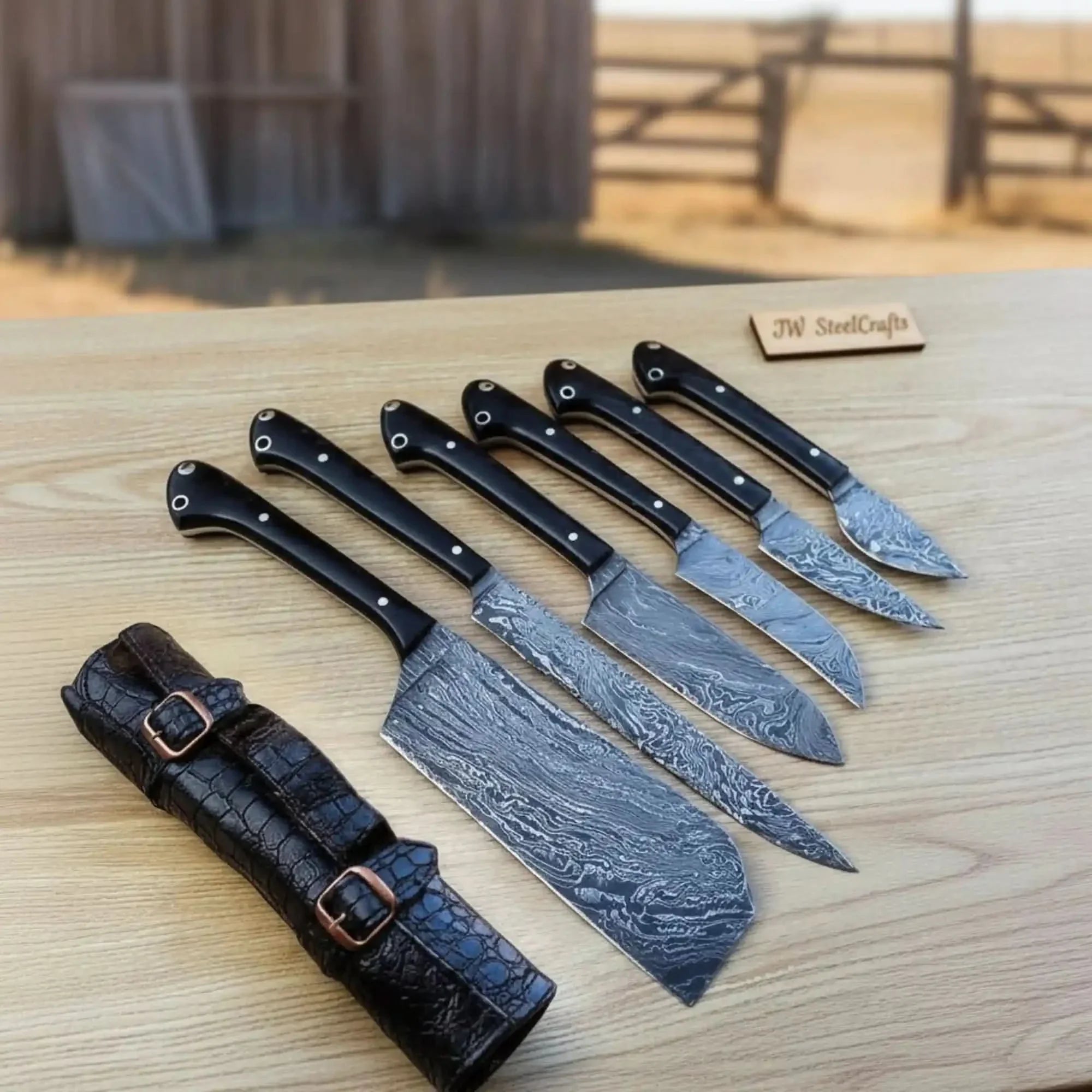 JW SteelCrafts Fire-Pattern Damascus Full-Tang Butcher Cleaver & Precision Kitchen Knife Set