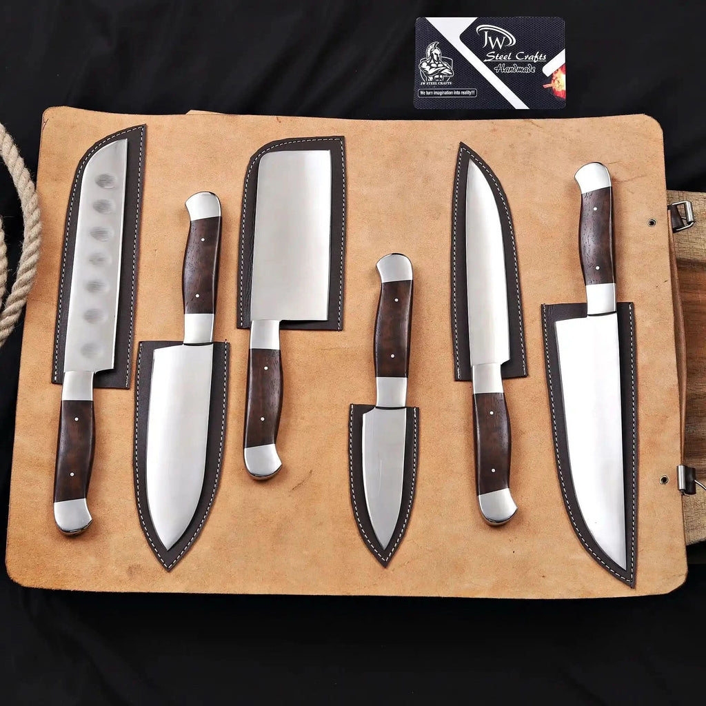 6-Piece High Carbon Steel Kitchen Knife Set with Leather Roll — Olive Wood Handles, Steel Bolsters, 7 to 12 Inc