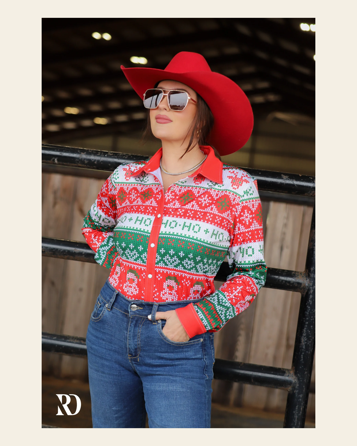 Christmas Sweater Performance Rodeo Shirt on a warm cream background