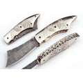 Handmade Damascus Folding Knife with Wolf Engraved Bone Handle & Leather Sheath