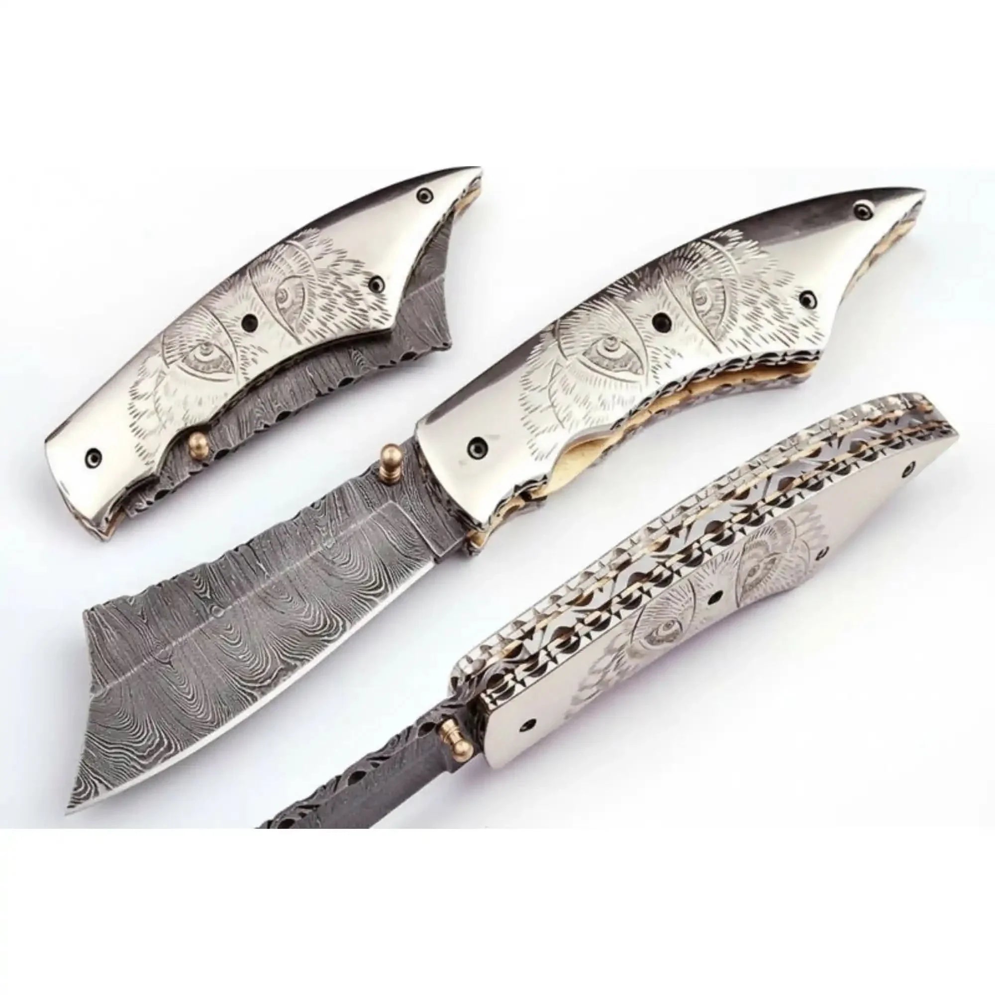 Handmade Damascus Folding Knife with Wolf Engraved Bone Handle & Leather Sheath