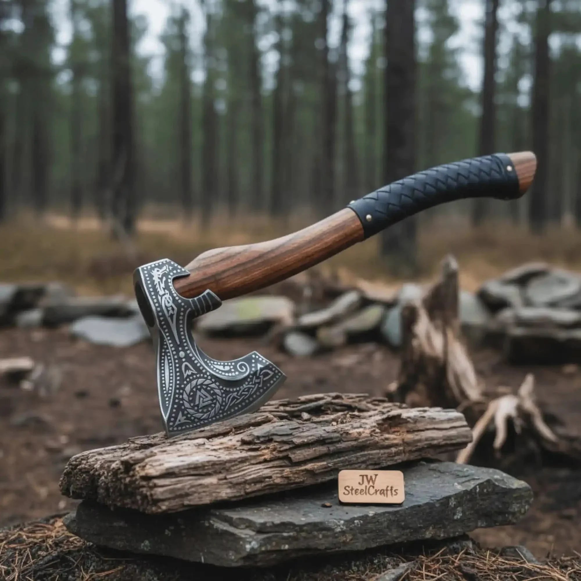 Norse Engraved Camp Hatchet with Leather Wrapped Handle and Belt Sheath | JW SteelCrafts