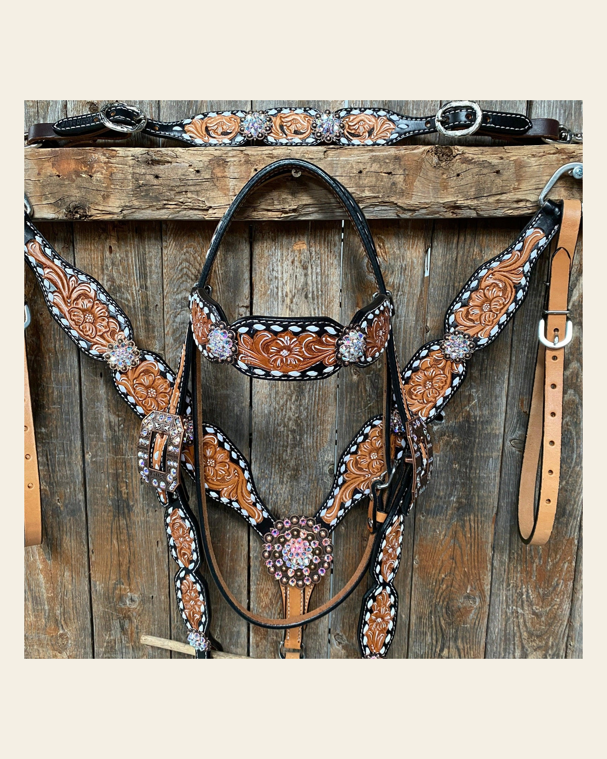 Classic AB Browband/One Ear Tack Set with Wither Strap #BBBC457 on a warm cream background