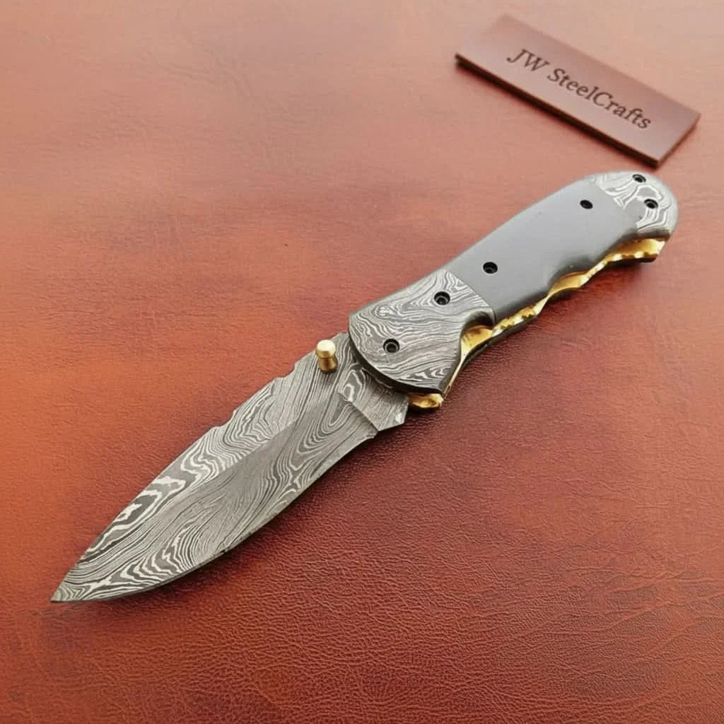 Handmade Damascus Folding Knife with Gray Micarta Handle, Custom Pocket Knife, EDC Damascus Folder by JW SteelCrafts