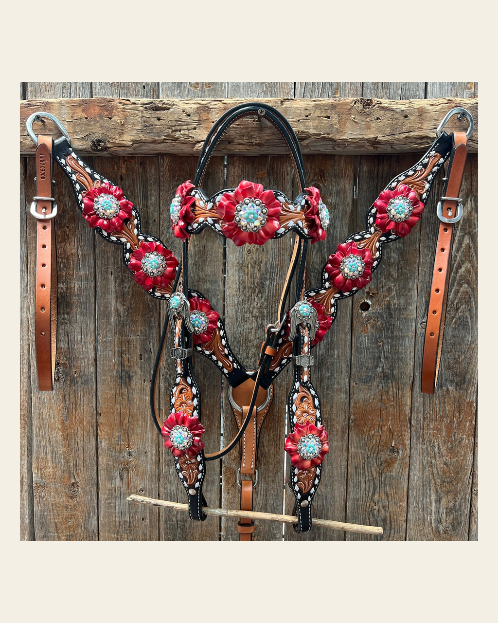 Classic Red and Turquoise Browband / One Ear Tack Set #BBBC436 on a warm cream background
