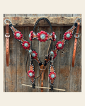 Classic Red and Turquoise Browband / One Ear Tack Set #BBBC436 on a warm cream background