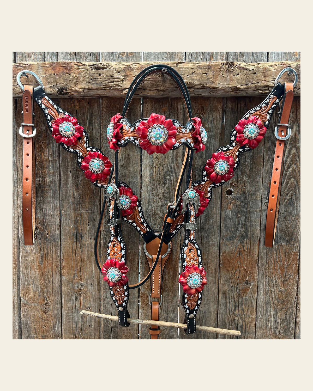 Classic Red and Turquoise Browband / One Ear Tack Set #BBBC436 on a warm cream background