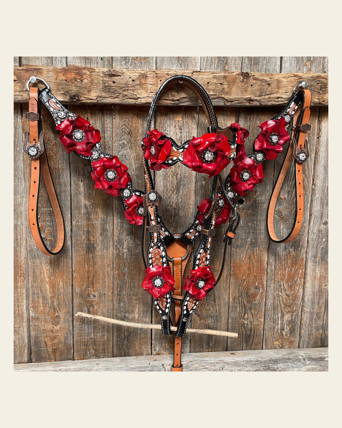 Classic Red Rose and Clear Browband/One Ear Tack Set #OEBC421 on a warm cream background