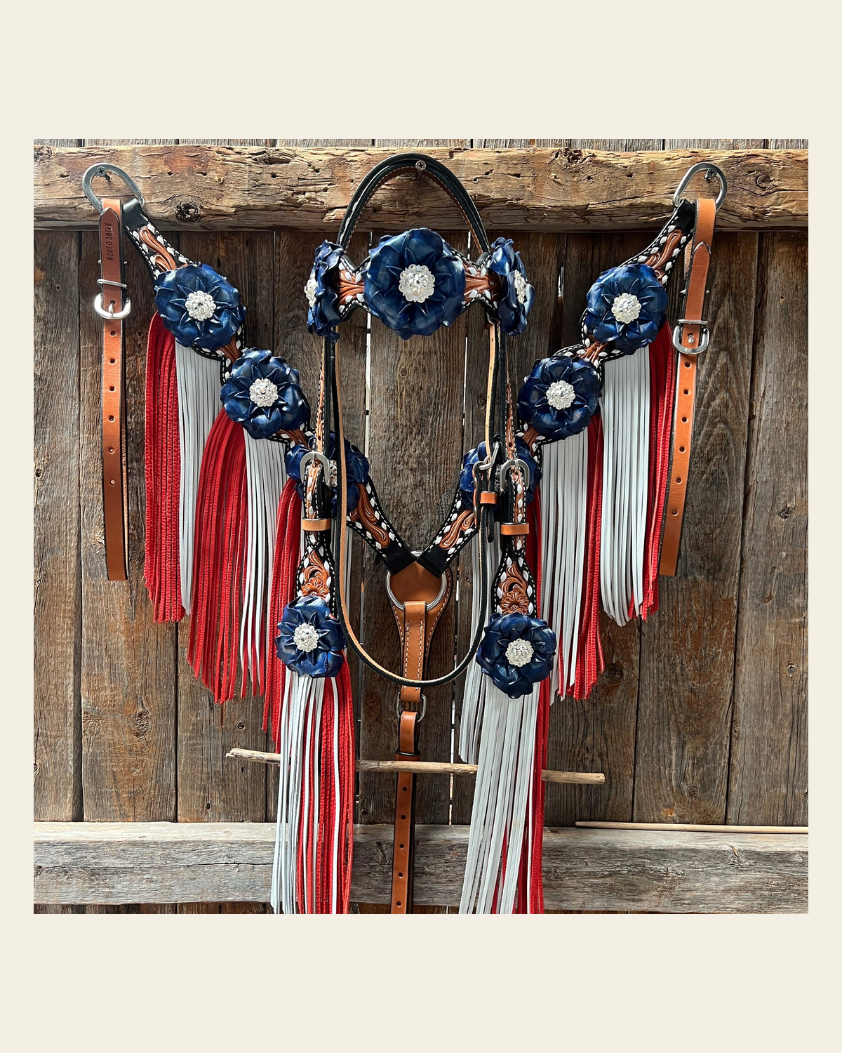 Classic Red, White and Blue Browband/One Ear Tack Set #BBBC638 on a warm cream background