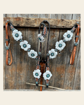 Classic Teal & White One Ear / Breastcollar Tack Set #OEBC548 on a warm cream background