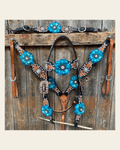 Classic Turquoise and Clear Browband/One Ear Tack Set / Witherstrap #BBBC447 on a warm cream background