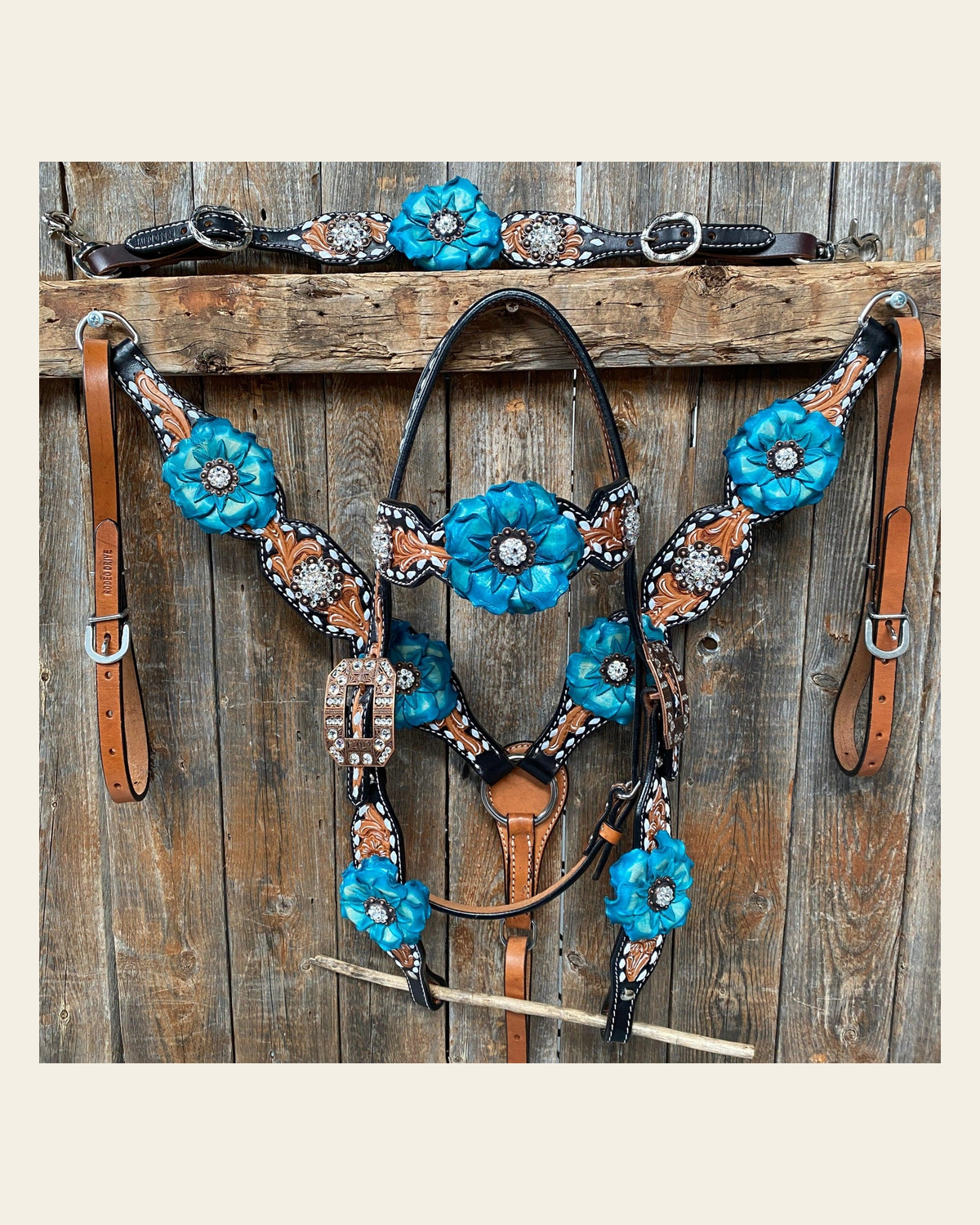 Classic Turquoise and Clear Browband/One Ear Tack Set / Witherstrap #BBBC447 on a warm cream background