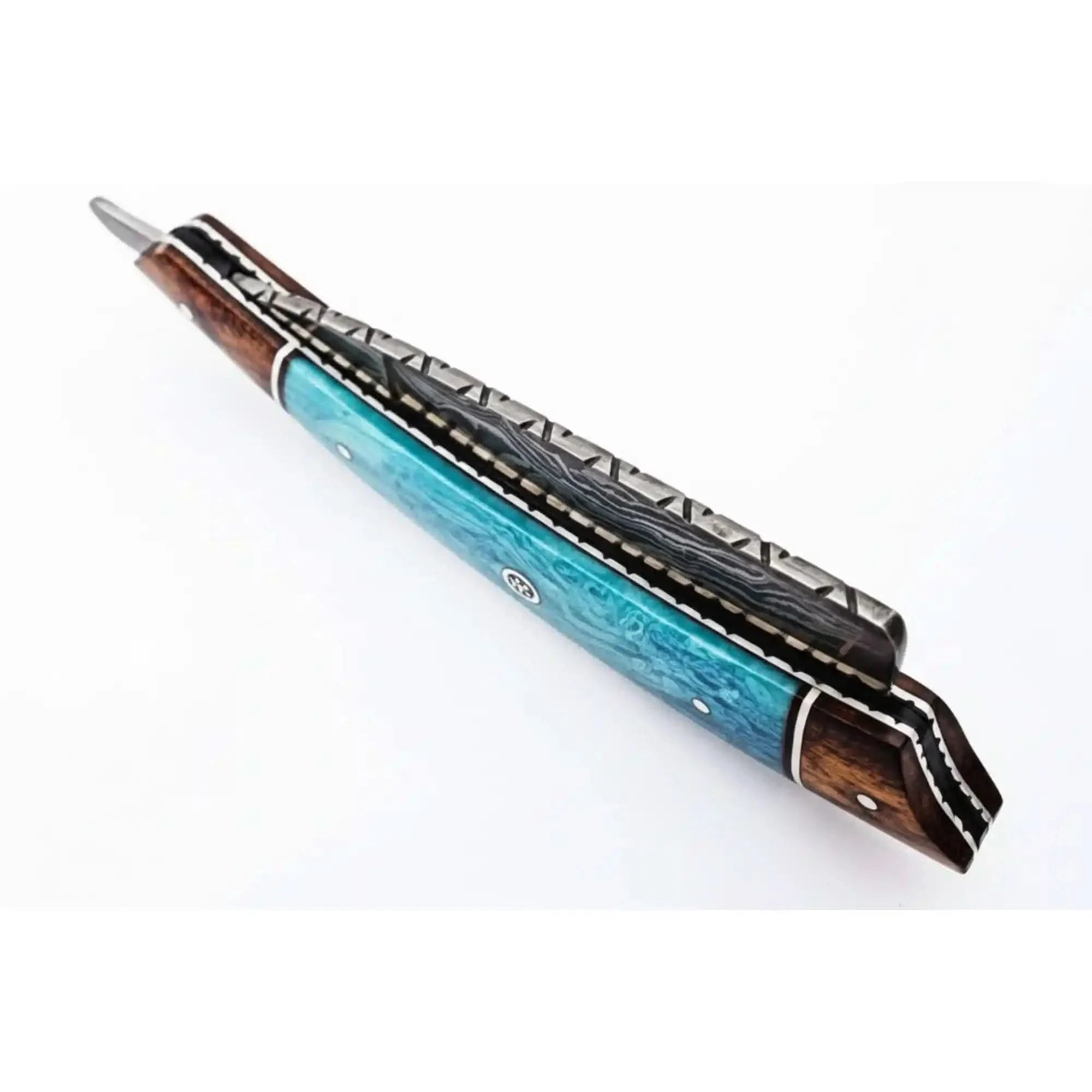 Classic Western Damascus Straight Barber Razor with Blue Bone and Rosewood Handle