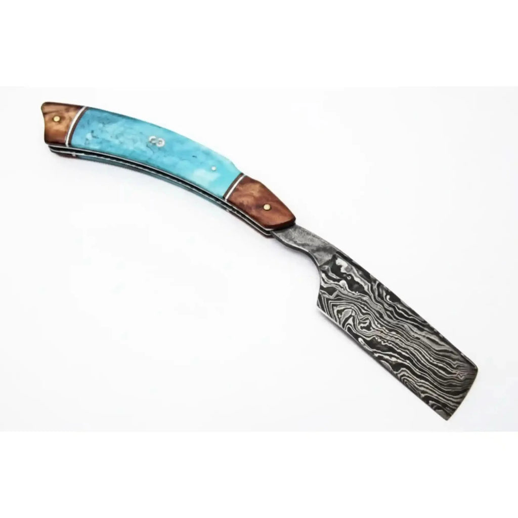 Classic Western Damascus Straight Barber Razor with Blue Bone and Rosewood Handle