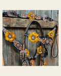Classic Yellow and Pink Browband/One Ear Tack Set with Wither Strap #BBBC464 on a warm cream background